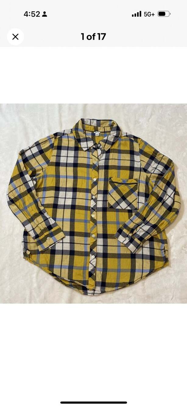 Aerie Plaid Flannel Button Up Shirt Size S Yellow Blue Long Sleeve